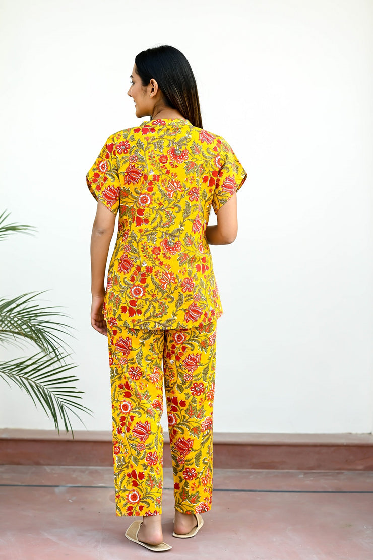 Yellow Cotton Printed Night Suit Set with Payjama