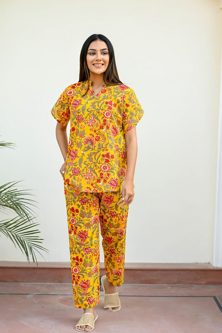 Yellow Cotton Printed Night Suit Set with Payjama