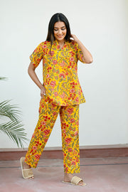 Yellow Cotton Printed Night Suit Set with Payjama