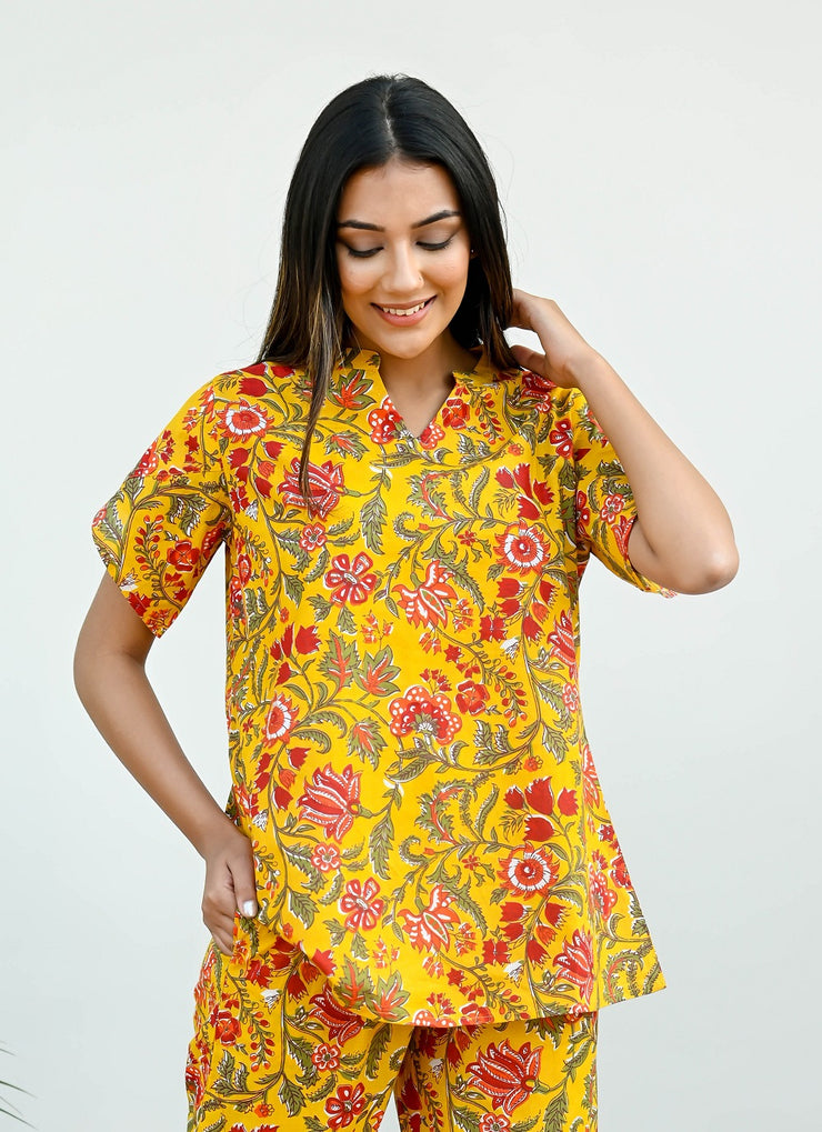 Yellow Cotton Printed Night Suit Set with Payjama