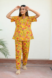 Yellow Cotton Printed Night Suit Set with Payjama