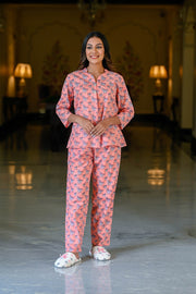 Peach Cotton Printed Night Suit Set with Payjama