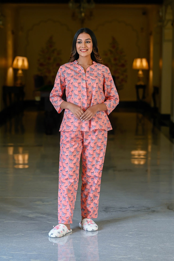 Peach Cotton Printed Night Suit Set with Payjama