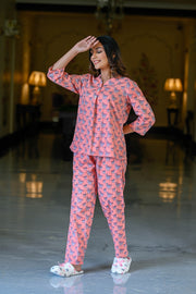 Peach Cotton Printed Night Suit Set with Payjama