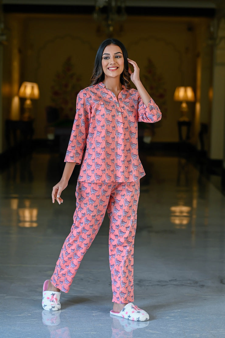 Peach Cotton Printed Night Suit Set with Payjama