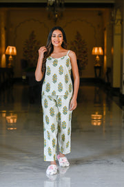 White/green Cotton Printed Night Suit Shrug Set