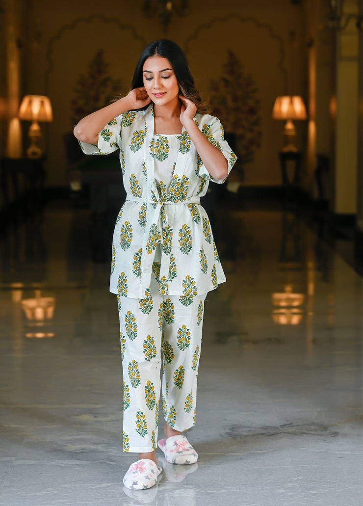 White/green Cotton Printed Night Suit Shrug Set