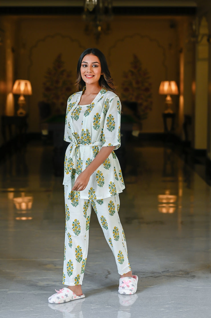 White/green Cotton Printed Night Suit Shrug Set