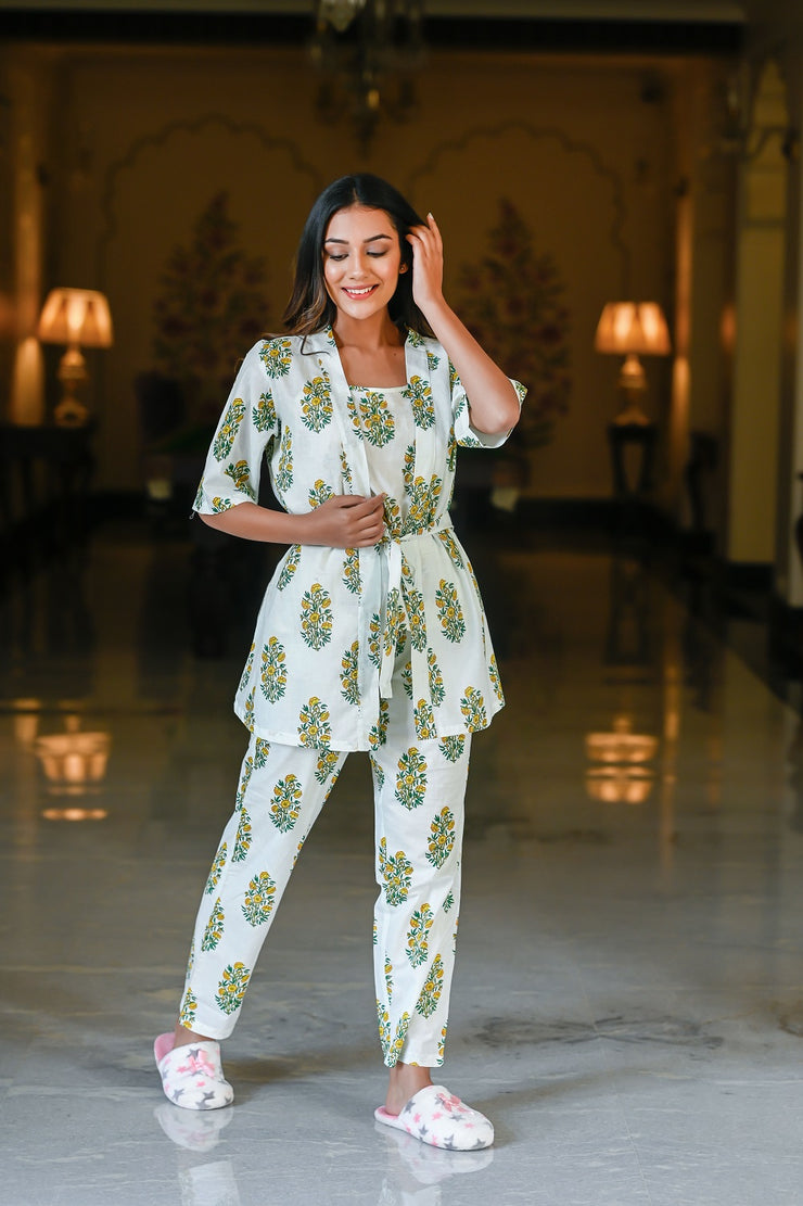 White/green Cotton Printed Night Suit Shrug Set