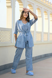 Blue Cotton Printed Night Suit Shrug Set