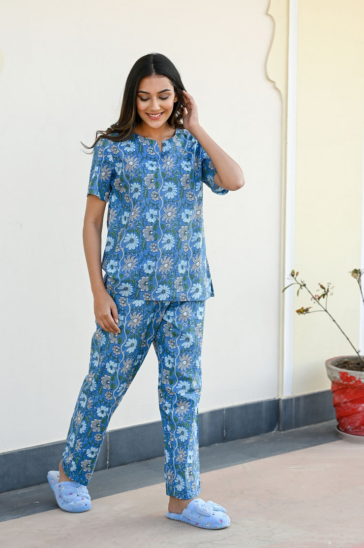 Indigo Cotton Printed Night Suit Set with Payjama