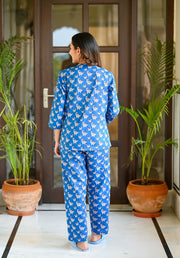 Blue Cotton Printed Night Suit Set with Payjama