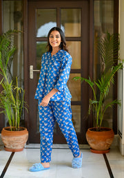 Blue Cotton Printed Night Suit Set with Payjama
