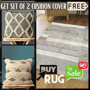 Hand-weaved 100% Cotton Grey Rug with set of 2 cushion covers