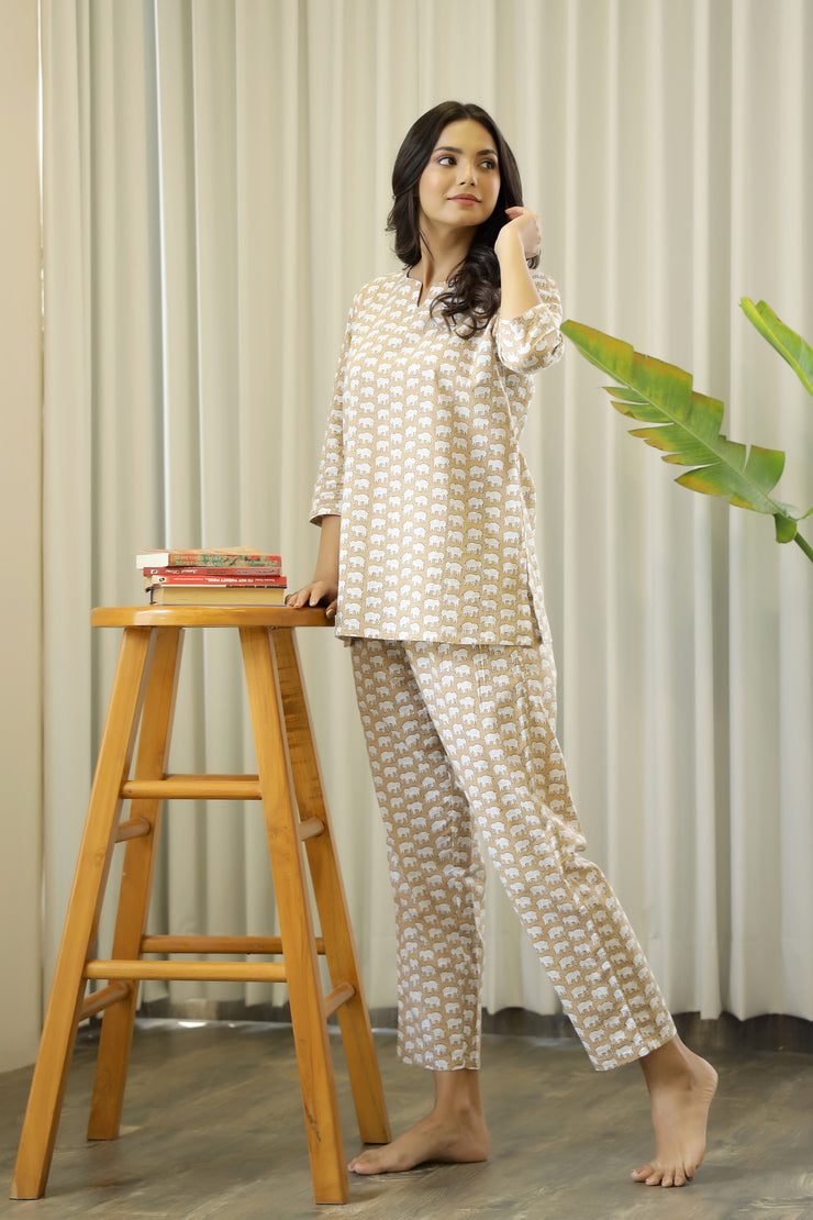 Brown  Cotton Elephant Print Night Suit Set with Payjama