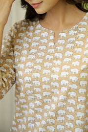 Brown  Cotton Elephant Print Night Suit Set with Payjama