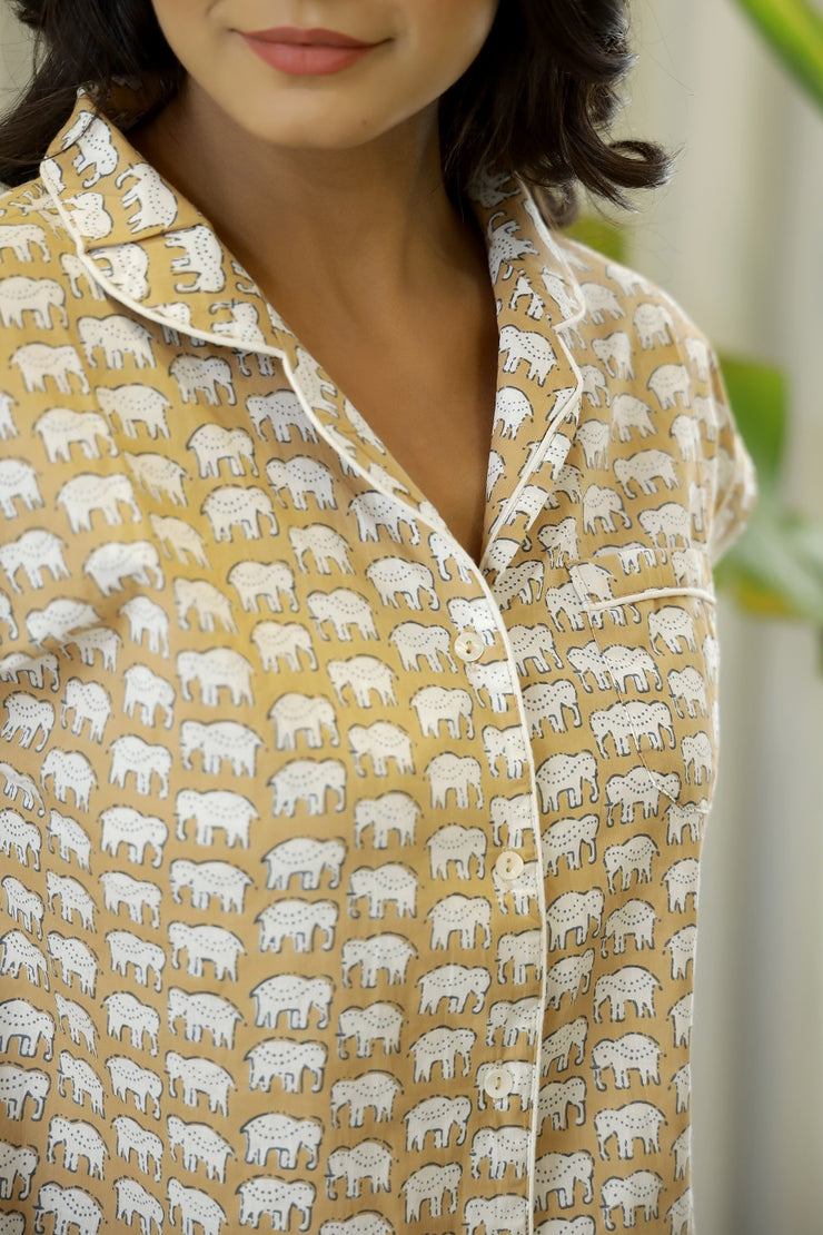 Brown & White Elephant Printed Shirt With Shorts Night suit Set