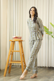 Women Olive Green & Blue Striped Night suit