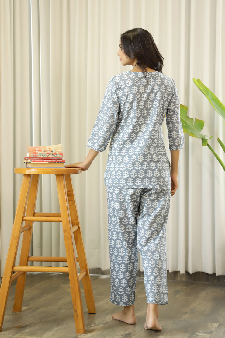 GRey Cotton Printed Night Suit Set with Pajama