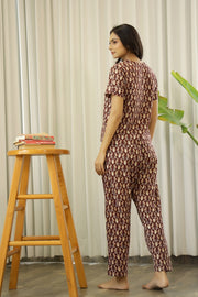 Women Maroon & Beige Printed Cotton Night Suit With Payjama Set