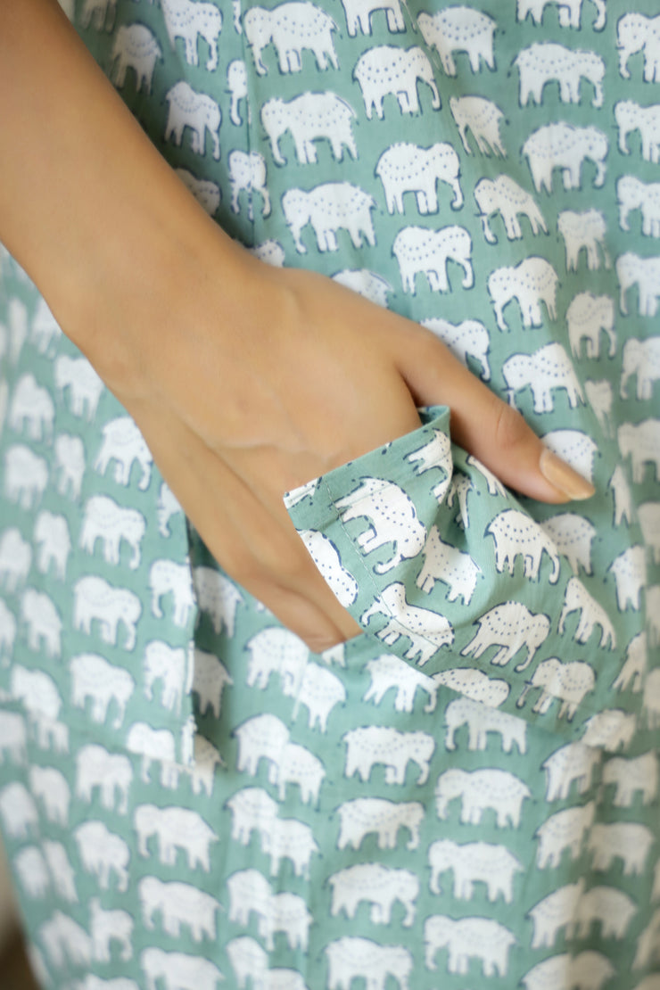 Green Cotton Elephant Print Night Suit Set with Payjama