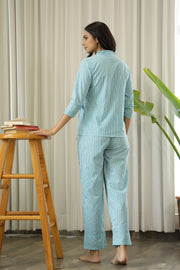 Women Sky Blue and Black Pure Cotton Striped Night Suit Pyjama Set
