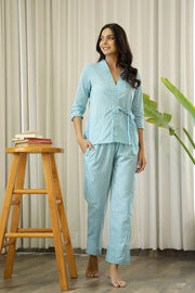 Women Sky Blue and Black Pure Cotton Striped Night Suit Pyjama Set