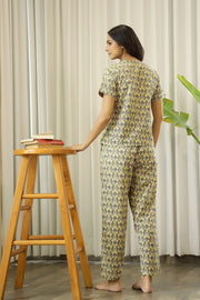 Women PALE yellow and Grey Pure Cotton ethnic motifs Printed night suit Pyjama set