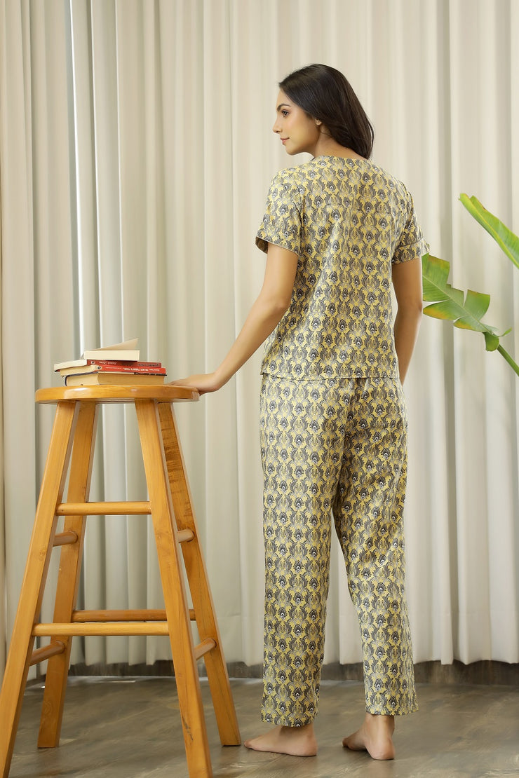 Women PALE yellow and Grey Pure Cotton ethnic motifs Printed night suit Pyjama set