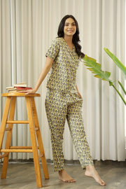 Women PALE yellow and Grey Pure Cotton ethnic motifs Printed night suit Pyjama set