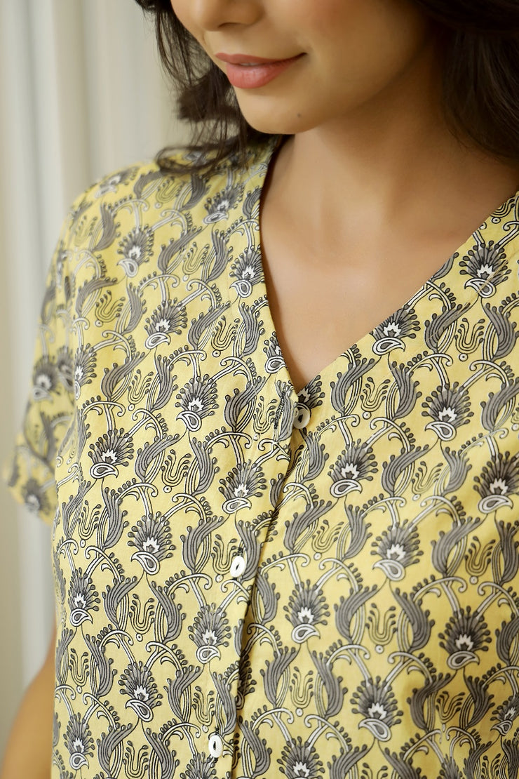 Women PALE yellow and Grey Pure Cotton ethnic motifs Printed night suit Pyjama set