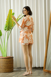 Women Coral Orange & Off White Leaf  Printed Cotton Night suit  Set with Robe