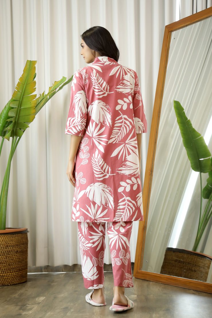 Wine Cotton Printed 3 PEICE Night Suit Set with Pyjama
