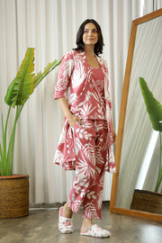 Wine Cotton Printed 3 PEICE Night Suit Set with Pyjama