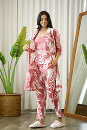 Wine Cotton Printed 3 PEICE Night Suit Set with Pyjama