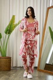 Wine Cotton Printed 3 PEICE Night Suit Set with Pyjama