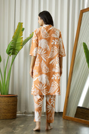 Orange Cotton Printed 3 PEICE Night Suit Set with Pyjama