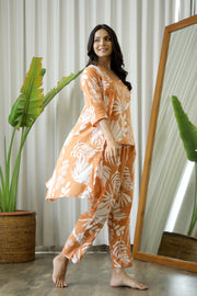 Orange Cotton Printed 3 PEICE Night Suit Set with Pyjama