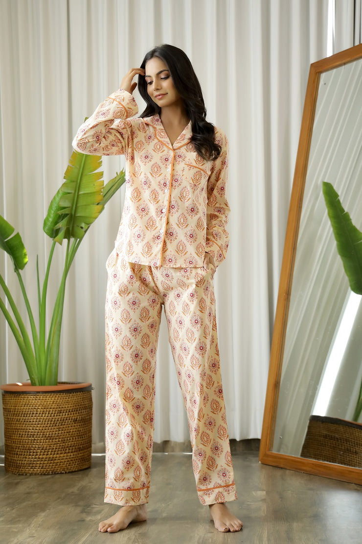 Beige & Red Full sleeves Printed Cotton Night suit