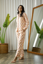 Beige & Red Full sleeves Printed Cotton Night suit
