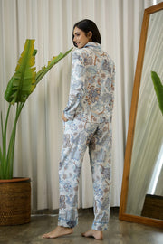 Grey & Blue Printed Cotton Night suit