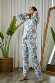 Grey & Blue Printed Cotton Night suit