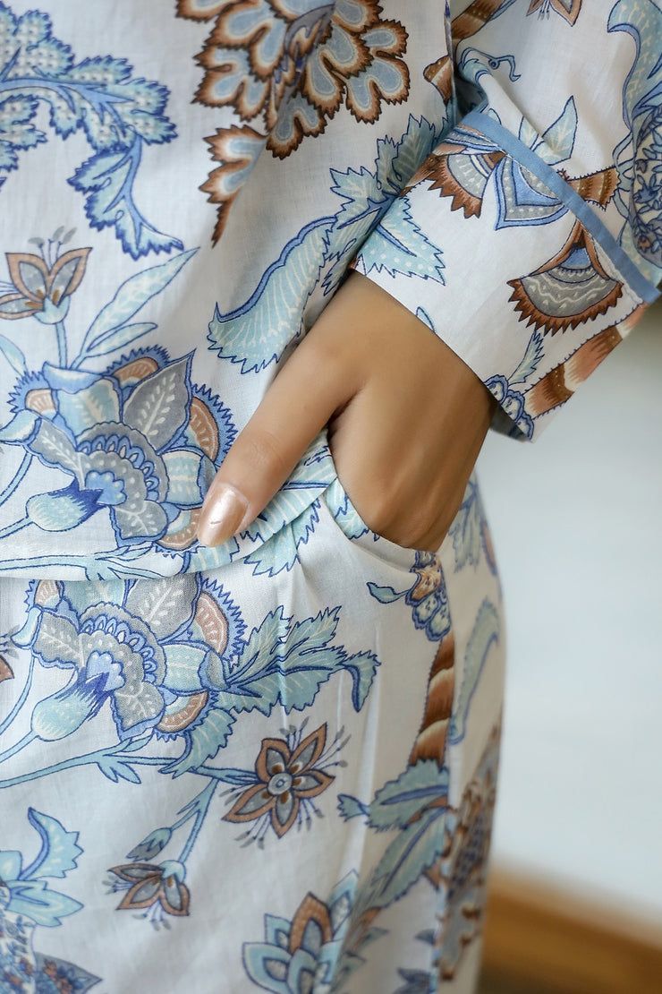 Grey & Blue Printed Cotton Night suit
