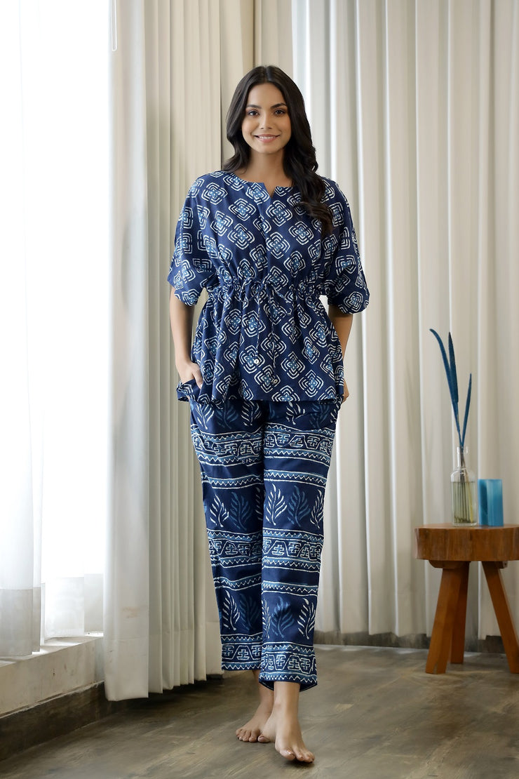 Women Navy Blue Pure Cotton Ethnic motifs Printed  Kaftan With Pyjama