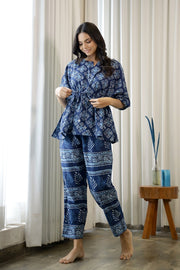 Women Navy Blue Pure Cotton Ethnic motifs Printed  Kaftan With Pyjama