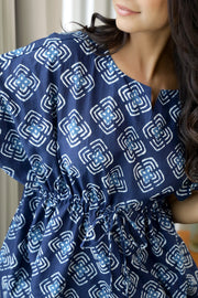 Women Navy Blue Pure Cotton Ethnic motifs Printed  Kaftan With Pyjama