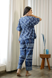 Women Navy Blue Pure Cotton Ethnic motifs Printed  Kaftan With Pyjama