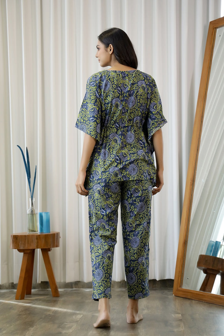 Navy Blue & Green Cotton Printed Kaftan set