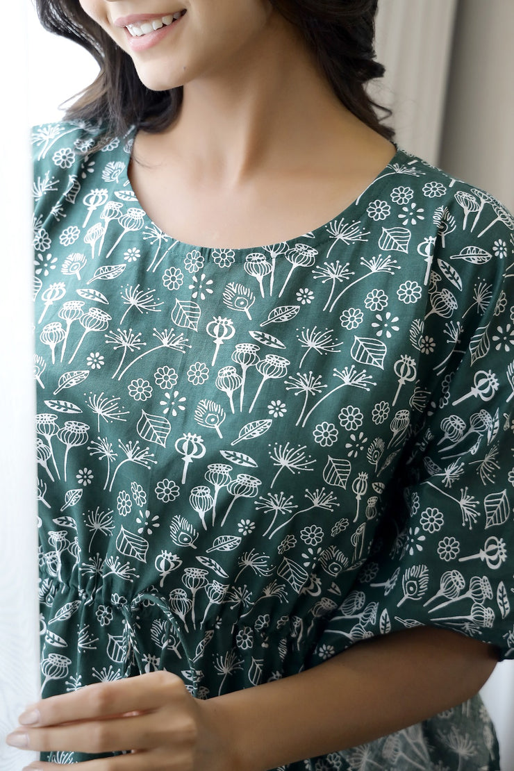 Green & White Printed Cotton Kaftan set