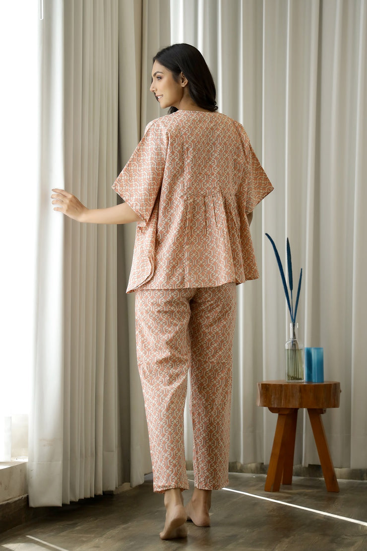 Women Pink & Cream-Coloured Printed Indo Western Kaftan Pyjama Set